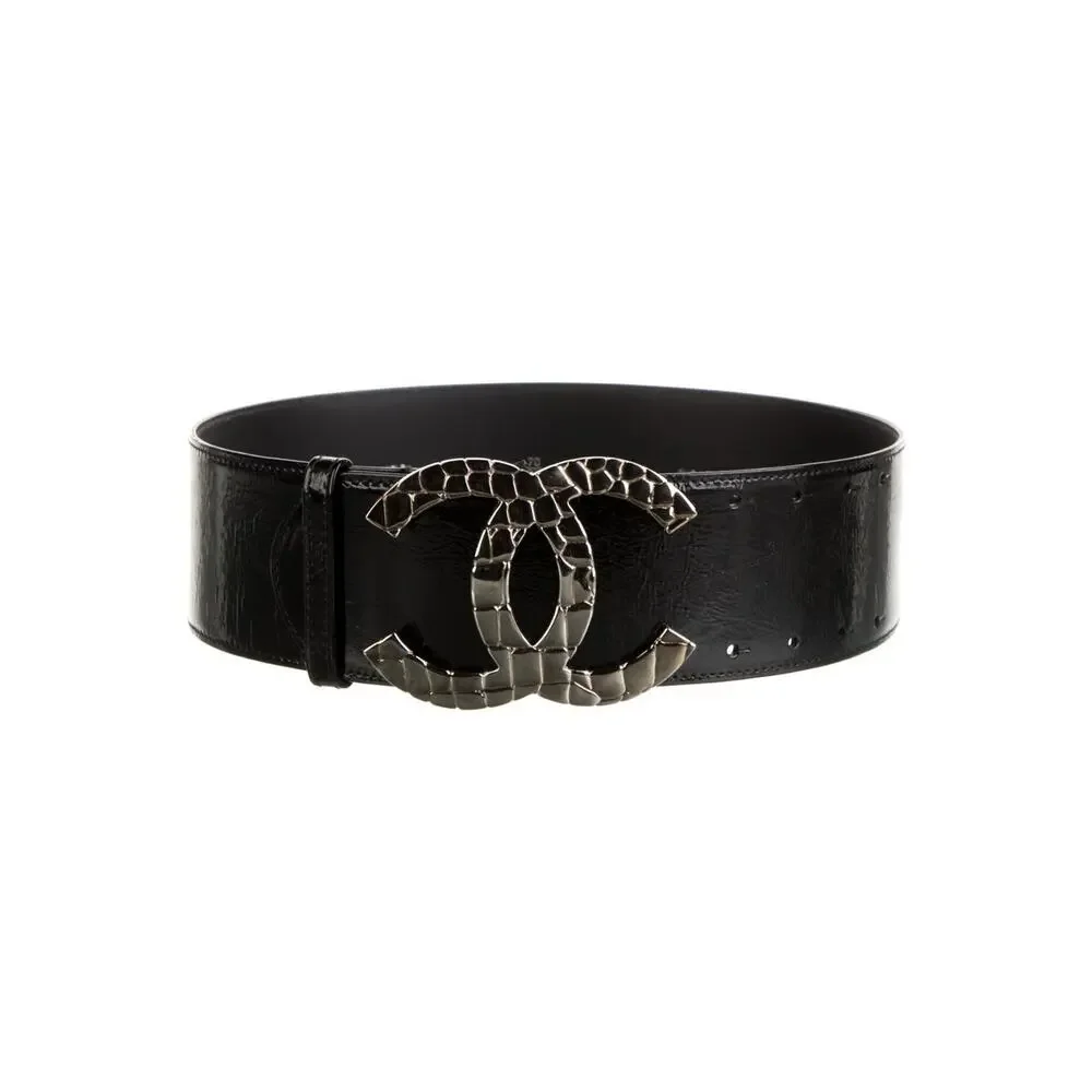 Chanel Black Patent Leather Silver-tone Interlocking CC Logo Wide Belt 70/28